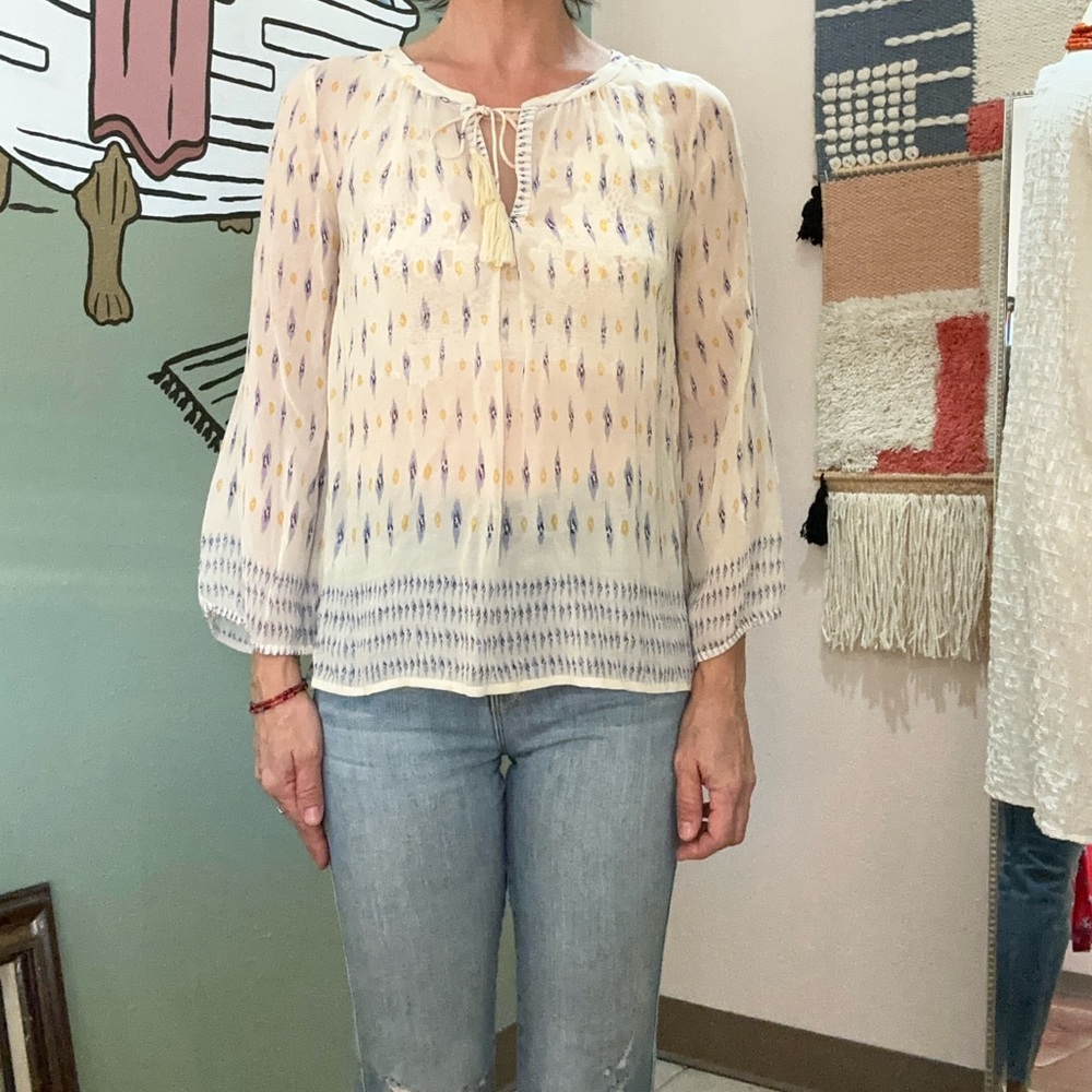 Joie peasant 3/4 sleeve semi sheer boho print dress top with tassels size small